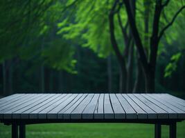 Wooden table and blur tropical green grass background, product display montage. High quality photo 8k FHD AI generated