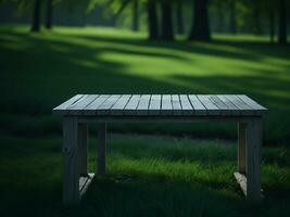 Wooden table and blur tropical green grass background, product display montage. High quality photo 8k FHD AI generated