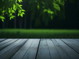 Wooden table and blur tropical green grass background, product display montage. High quality photo 8k FHD AI generated