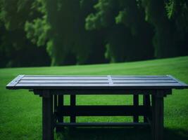 Wooden table and blur tropical green grass background, product display montage. High quality photo 8k FHD AI generated