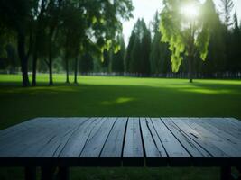 Wooden table and blur tropical green grass background, product display montage. High quality photo 8k FHD AI generated