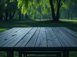 Wooden table and blur tropical green grass background, product display montage. High quality photo 8k FHD AI generated