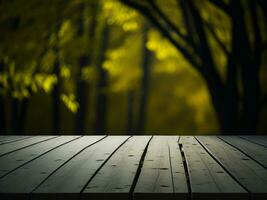 Wooden table and blur tropical green grass background, product display montage. High quality photo 8k FHD AI generated