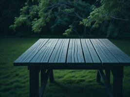 Wooden table and blur tropical green grass background, product display montage. High quality photo 8k FHD AI generated