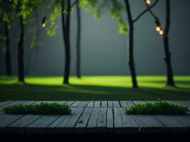 Wooden table and blur tropical green grass background, product display montage. High quality photo 8k FHD AI generated