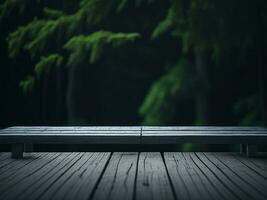 Wooden table and blur tropical green grass background, product display montage. High quality photo 8k FHD AI generated