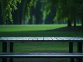 Wooden table and blur tropical green grass background, product display montage. High quality photo 8k FHD AI generated