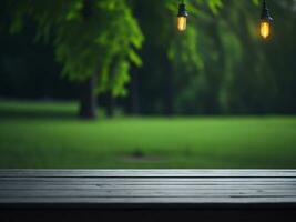 Wooden table and blur tropical green grass background, product display montage. High quality photo 8k FHD AI generated