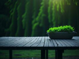 Wooden table and blur tropical green grass background, product display montage. High quality photo 8k FHD AI generated