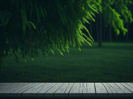 Wooden table and blur tropical green grass background, product display montage. High quality photo 8k FHD AI generated