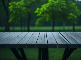 Wooden table and blur tropical green grass background, product display montage. High quality photo 8k FHD AI generated