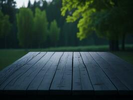 Wooden table and blur tropical green grass background, product display montage. High quality photo 8k FHD AI generated