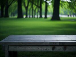 Wooden table and blur tropical green grass background, product display montage. High quality photo 8k FHD AI generated