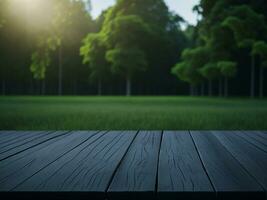 Wooden table and blur tropical green grass background, product display montage. High quality photo 8k FHD AI generated