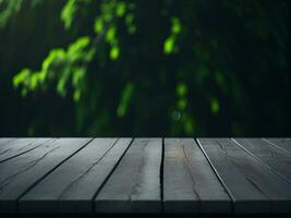 Wooden table and blur tropical green grass background, product display montage. High quality photo 8k FHD AI generated