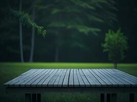 Wooden table and blur tropical green grass background, product display montage. High quality photo 8k FHD AI generated