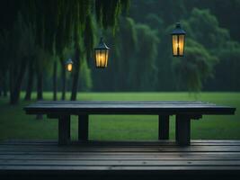 Wooden table and blur tropical green grass background, product display montage. High quality photo 8k FHD AI generated