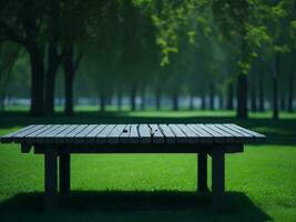 Wooden table and blur tropical green grass background, product display montage. High quality photo 8k FHD AI generated