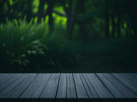 Wooden table and blur tropical green grass background, product display montage. High quality photo 8k FHD AI generated