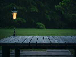 Wooden table and blur tropical green grass background, product display montage. High quality photo 8k FHD AI generated