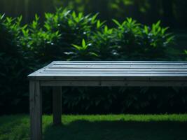 Wooden table and blur tropical green grass background, product display montage. High quality photo 8k FHD AI generated