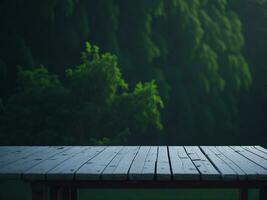 de madera mesa y difuminar tropical verde césped fondo, producto monitor montaje. alto calidad foto 8k fhd ai generado