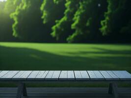 Wooden table and blur tropical green grass background, product display montage. High quality photo 8k FHD AI generated