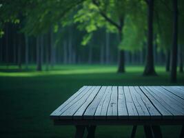 Wooden table and blur tropical green grass background, product display montage. High quality photo 8k FHD AI generated