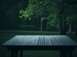 Wooden table and blur tropical green grass background, product display montage. High quality photo 8k FHD AI generated