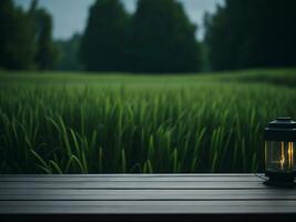 Wooden table and blur tropical green grass background, product display montage. High quality photo 8k FHD AI generated