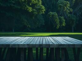 Wooden table and blur tropical green grass background, product display montage. High quality photo 8k FHD AI generated