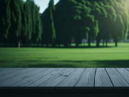Wooden table and blur tropical green grass background, product display montage. High quality photo 8k FHD AI generated