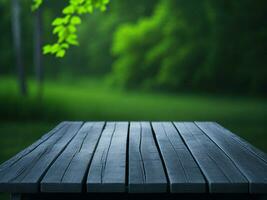 Wooden table and blur tropical green grass background, product display montage. High quality photo 8k FHD AI generated