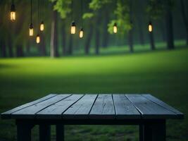 Wooden table and blur tropical green grass background, product display montage. High quality photo 8k FHD AI generated