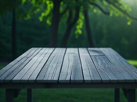 Wooden table and blur tropical green grass background, product display montage. High quality photo 8k FHD AI generated