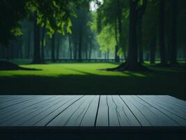 Wooden table and blur tropical green grass background, product display montage. High quality photo 8k FHD AI generated