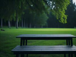 Wooden table and blur tropical green grass background, product display montage. High quality photo 8k FHD AI generated