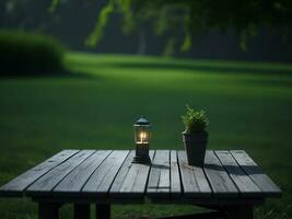 Wooden table and blur tropical green grass background, product display montage. High quality photo 8k FHD AI generated