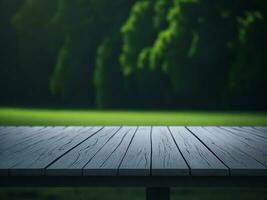 Wooden table and blur tropical green grass background, product display montage. High quality photo 8k FHD AI generated