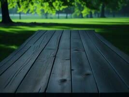 Wooden table and blur tropical green grass background, product display montage. High quality photo 8k FHD AI generated