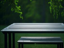 Wooden table and blur tropical green grass background, product display montage. High quality photo 8k FHD AI generated