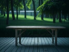 Wooden table and blur tropical green grass background, product display montage. High quality photo 8k FHD AI generated