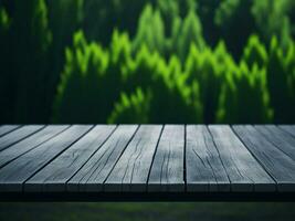 Wooden table and blur tropical green grass background, product display montage. High quality photo 8k FHD AI generated