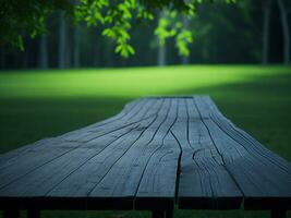 Wooden table and blur tropical green grass background, product display montage. High quality photo 8k FHD AI generated