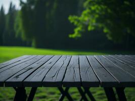 Wooden table and blur tropical green grass background, product display montage. High quality photo 8k FHD AI generated