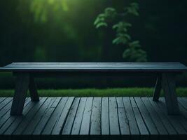 Wooden table and blur tropical green grass background, product display montage. High quality photo 8k FHD AI generated