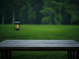 Wooden table and blur tropical green grass background, product display montage. High quality photo 8k FHD AI generated