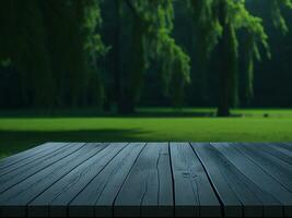 Wooden table and blur tropical green grass background, product display montage. High quality photo 8k FHD AI generated