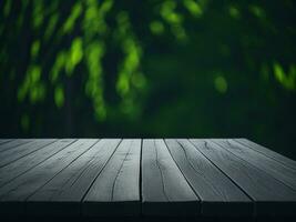 Wooden table and blur tropical green grass background, product display montage. High quality photo 8k FHD AI generated