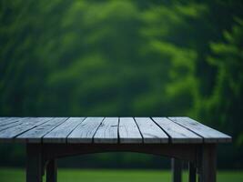 Wooden table and blur tropical green grass background, product display montage. High quality photo 8k FHD AI generated